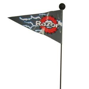 Close-up of the safety flag designed for Razor Crazy Cart, Ground Force, and Ground Force Drifter Go-Karts, highlighting the logo and flag details.