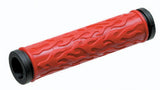 Flame Grips: Red handlebar grips featuring flame designs, suitable for bikes and scooters. Close-up highlights include the red handle, cylinder shape, and detailed flame patterns, adding both style and functionality.