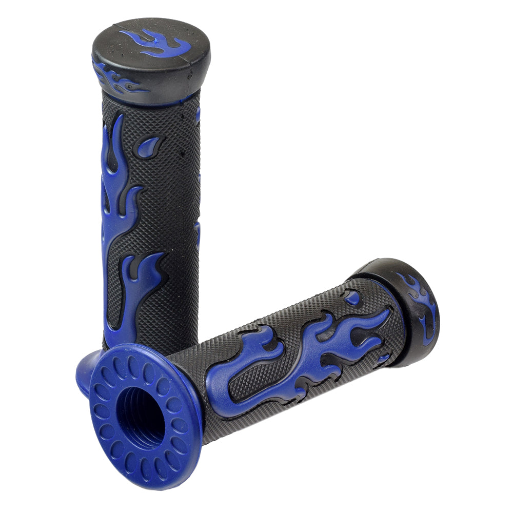 Universal Handlebar Grip Set with Flames featuring a close-up of blue flame-decorated grips, showcasing their textured surface and ergonomic design for various scooters and bikes.