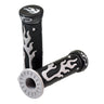 Universal Handlebar Grip Set with Flames featuring black and white flame designs, shown in a close-up view, highlighting the textured grip surface suitable for various scooters and bikes.