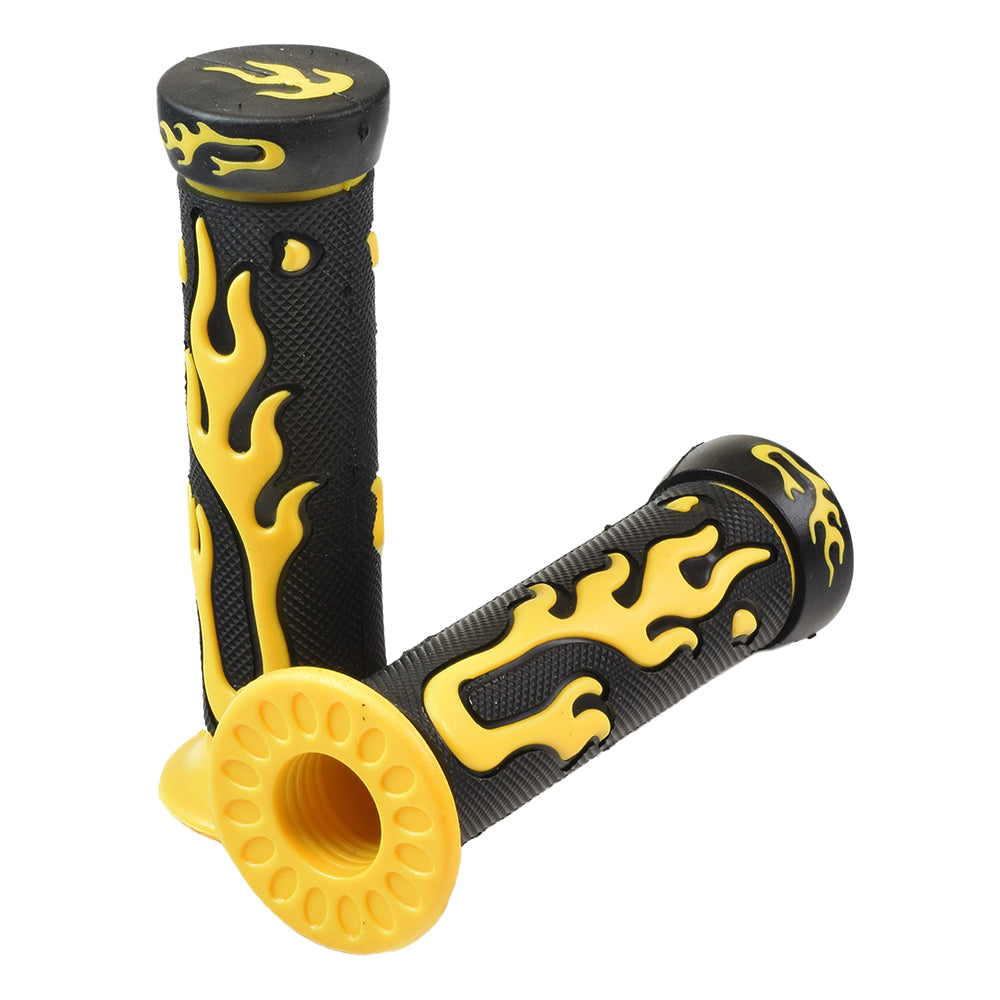 Universal Handlebar Grip Set with Flames featuring black and yellow flame designs, displayed in a close-up view showing textured grips designed for a secure and comfortable hold on various scooters and bikes.