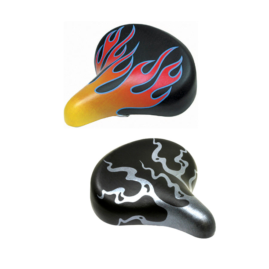 Flame Spring Saddle Seat for Bikes & Scooters with black and orange design featuring flame patterns. Ideal for various scooters and bicycles, enhancing both style and comfort.