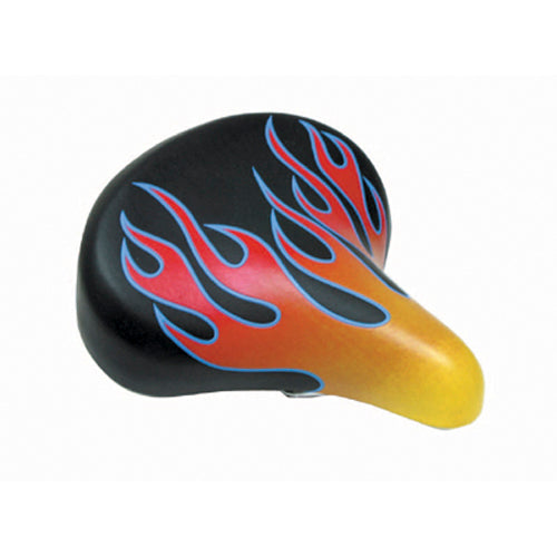 Flame Spring Saddle Seat for Bikes & Scooters featuring a black and orange design with flame patterns, suitable for various types of scooters and bicycles, enhancing both style and comfort.