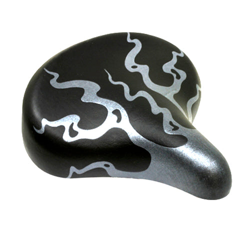 Flame Spring Saddle Seat for Bikes & Scooters: Close-up of a sleek bike saddle featuring black and silver design, showcasing its compatibility with various scooters and bicycles for enhanced riding comfort.