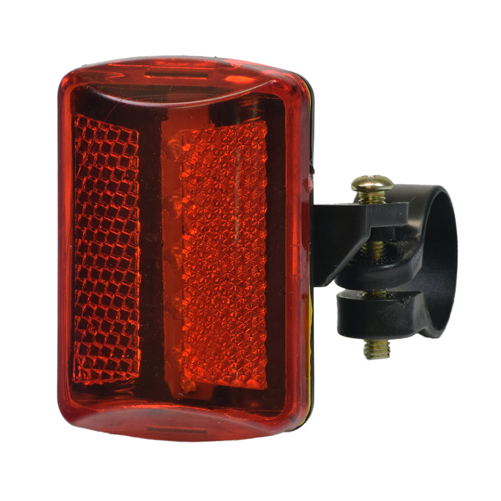 Universal Flashing Taillight for Bikes & Scooters with a red reflector, black plastic holder, and a mounting clamp featuring a bolt, suitable for seat posts or bars.