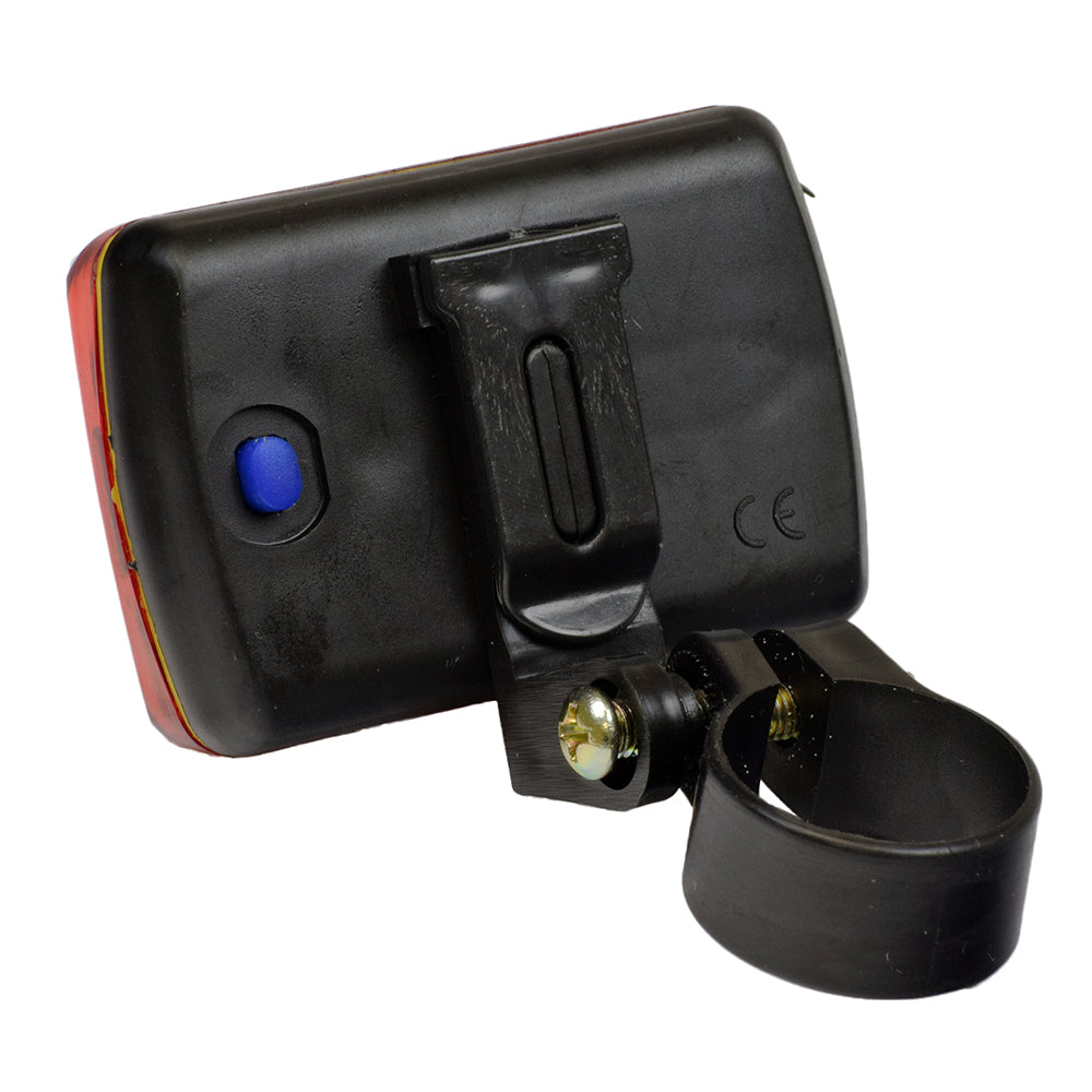 Universal Flashing Taillight for Bikes & Scooters, featuring a black device with a blue button, designed for easy installation on various seat posts or bars, includes mounting clamp for secure attachment.