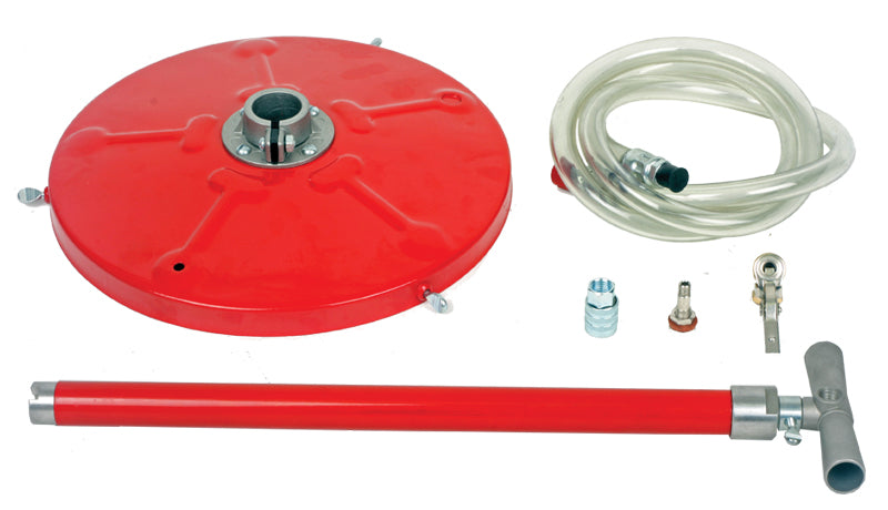 Flat Attack Tire Sealant - 5 Gallon Pump, featuring a red round container with an attached tube and hose, designed to prevent tire issues, is environmentally friendly and easy to use.