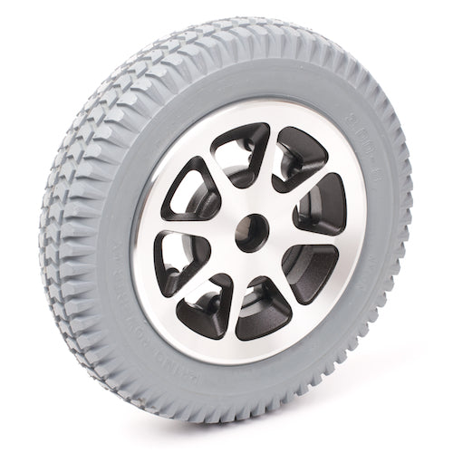 Close-up of the 14x3 (3.00-8) Flat-Free Drive Wheel Assembly for Jazzy 1100, 1120, 1120-2000, & 1122 Power Chairs, showcasing a tire with a silver rim.