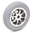 Close-up of the 14x3 (3.00-8) Flat-Free Drive Wheel Assembly for Jazzy 1100, 1120, 1120-2000, & 1122 Power Chairs, showcasing a tire with a silver rim.