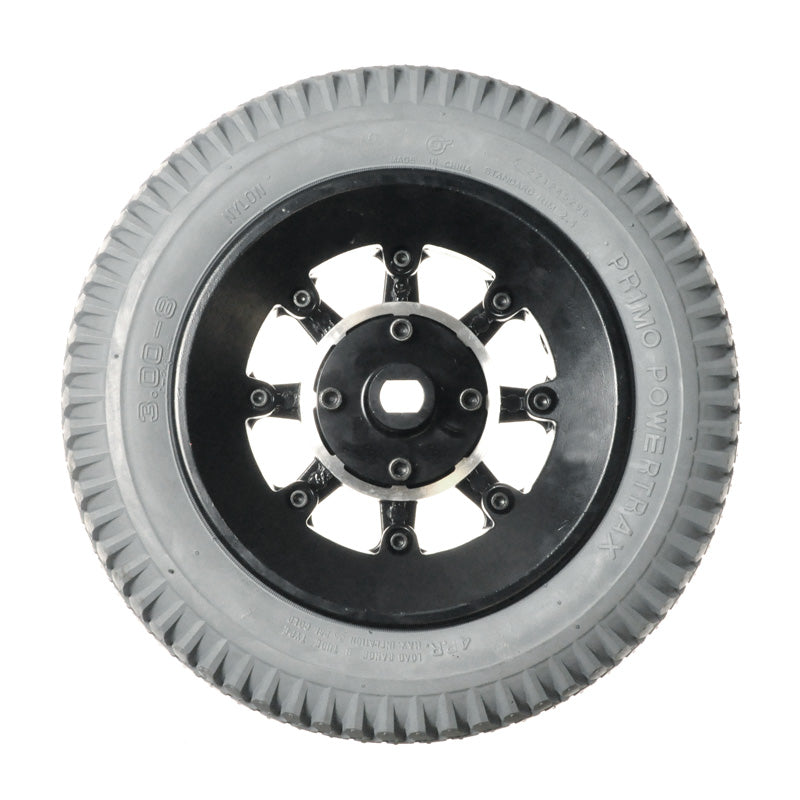 14x3 (3.00-8) Flat-Free Drive Wheel Assembly for Jazzy 1100, 1120, 1120-2000, & 1122 Power Chairs; features a black rim with visible tread pattern, designed for durability and smooth transport.