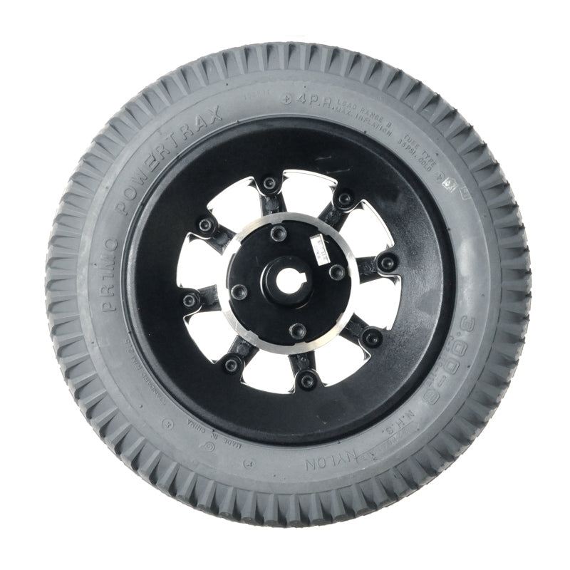 14x3 (3.00-8) Flat-Free Drive Wheel Assembly for Jazzy 1104, Jet 1 HD, and Jet 2 HD, featuring a black tire with a black rim and honeycomb design.