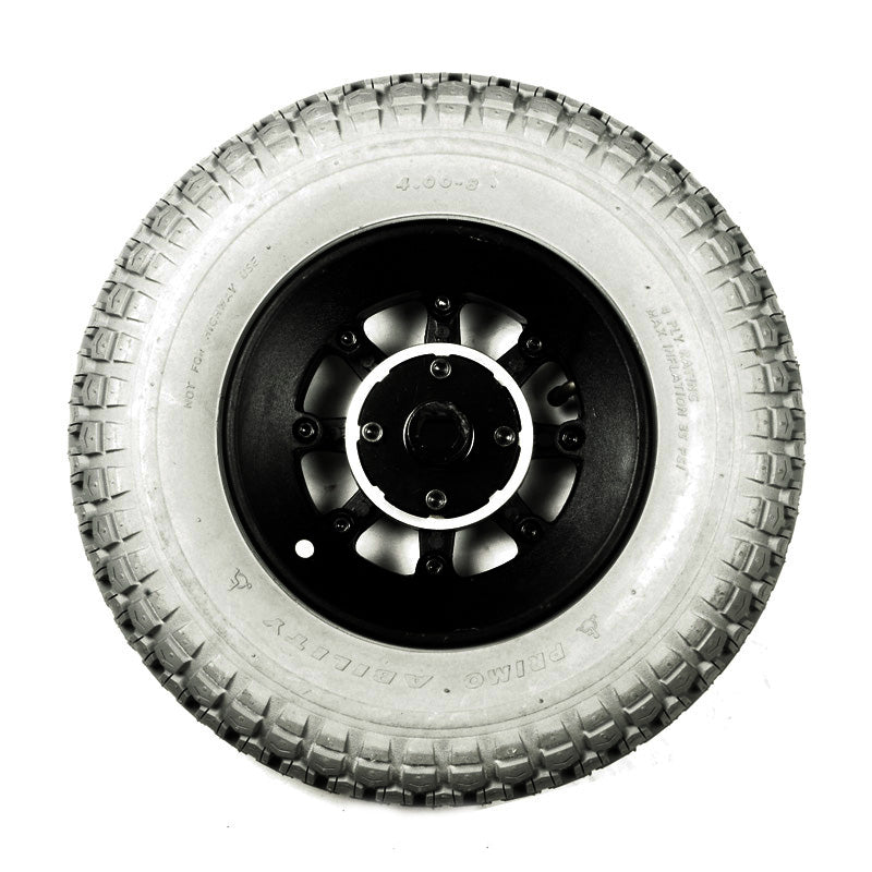 4.00-8 Flat-Free Drive Wheel Assembly with Insert for Jazzy 1170 XL/1170 XL Plus, featuring a white tire with a black rim, designed for heavy-duty mobility scooters.