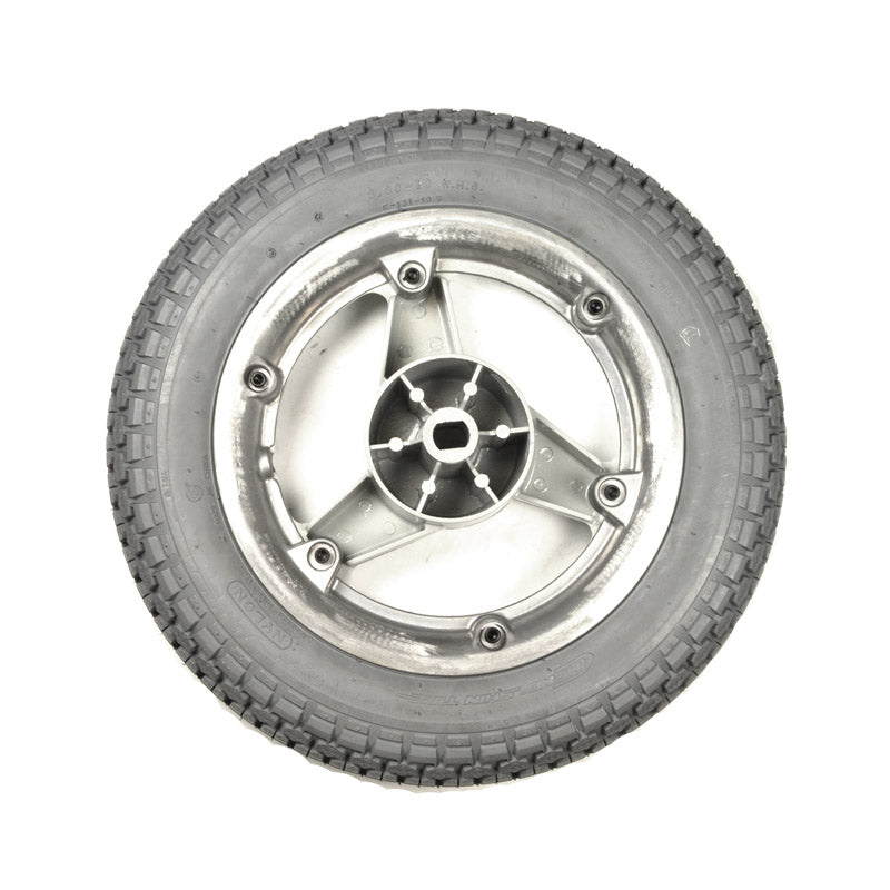 3.00-10 Flat-Free Drive Wheel Assembly for Jazzy 1420 and 1470 Power Chairs featuring a tire with a metal rim and distinct tread pattern, designed for safe, reliable performance.