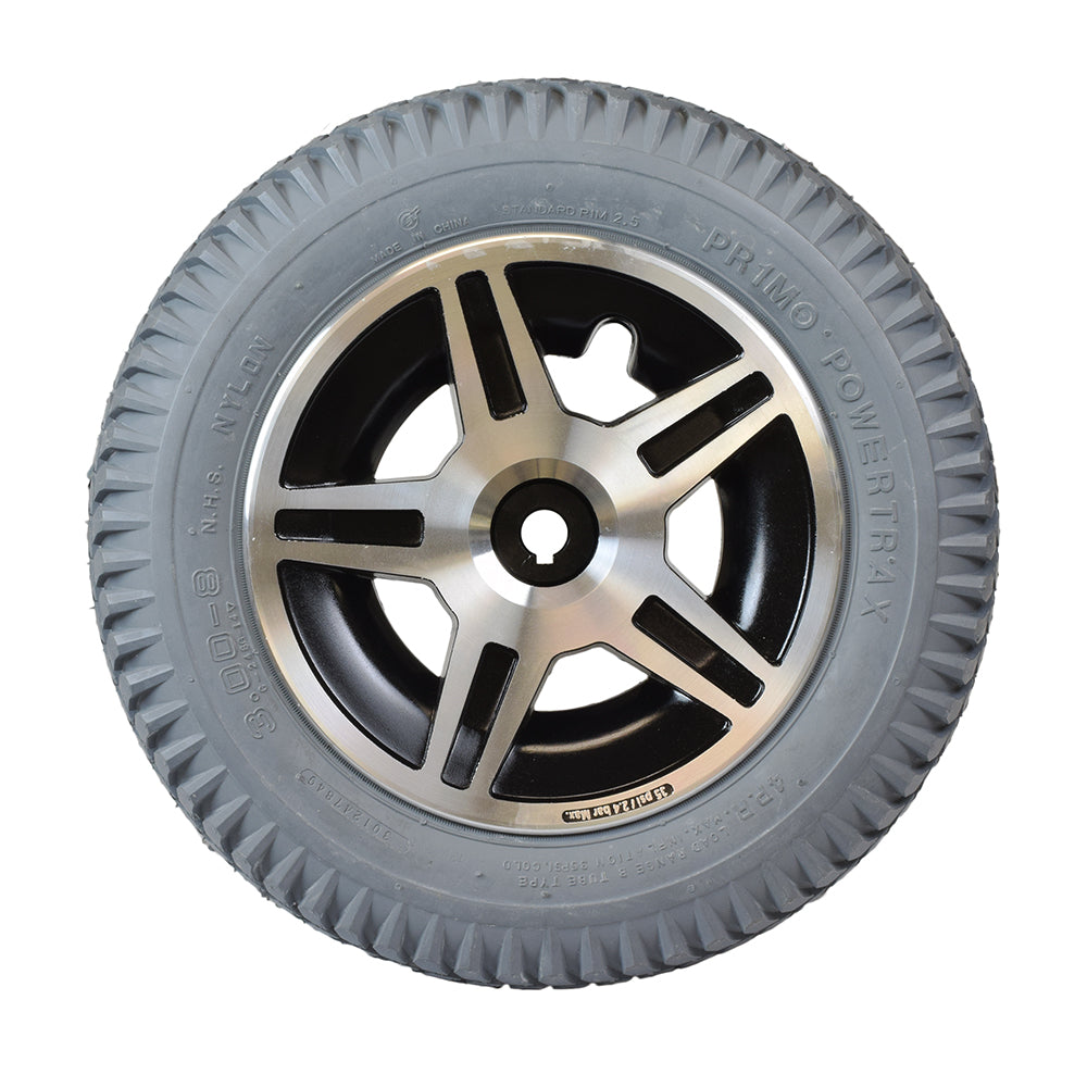 14x3 (3.00-8) Flat-Free Drive Wheel Assembly for Jazzy 614, 614HD, & Quantum Q614, featuring a silver split rim and a foam-filled tire with a treaded surface.