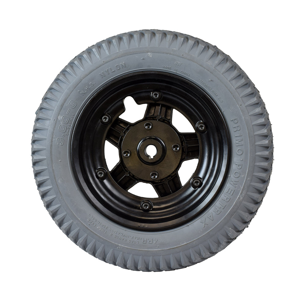 14x3 (3.00-8) Flat-Free Drive Wheel Assembly for the Jazzy 614 and 614HD, featuring a black split star rim and foam-filled tire with a knobby tread pattern.