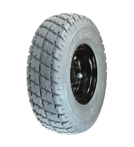 3.00-4 (10x3, 260x85) Flat-Free Drive Wheel Assembly for Jazzy Select power chairs, featuring a black rim, detailed tread, and visible bolts on the split rim design.