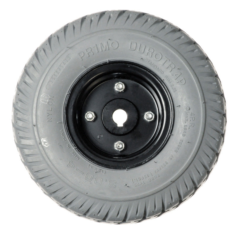 3.00-4 (10x3, 260x85) flat-free drive wheel assembly for Jazzy Select power chairs, featuring a black steel dish, split rim design, and a 3.00-4 tire with Durotrap knobby tread.