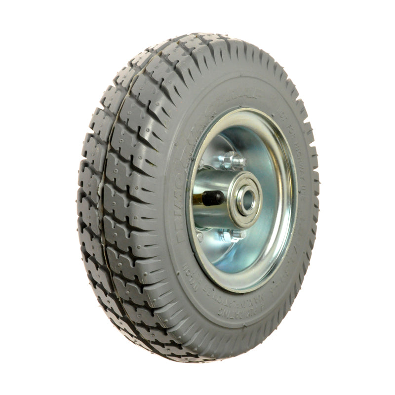 2.80/2.50-4 (9x3) Flat Free Front Wheel Assembly for the PaceSaver Plus III, featuring Primo Durotrap tread. Close-up of the wheel rim and tire, showcasing the durable injected resin design.