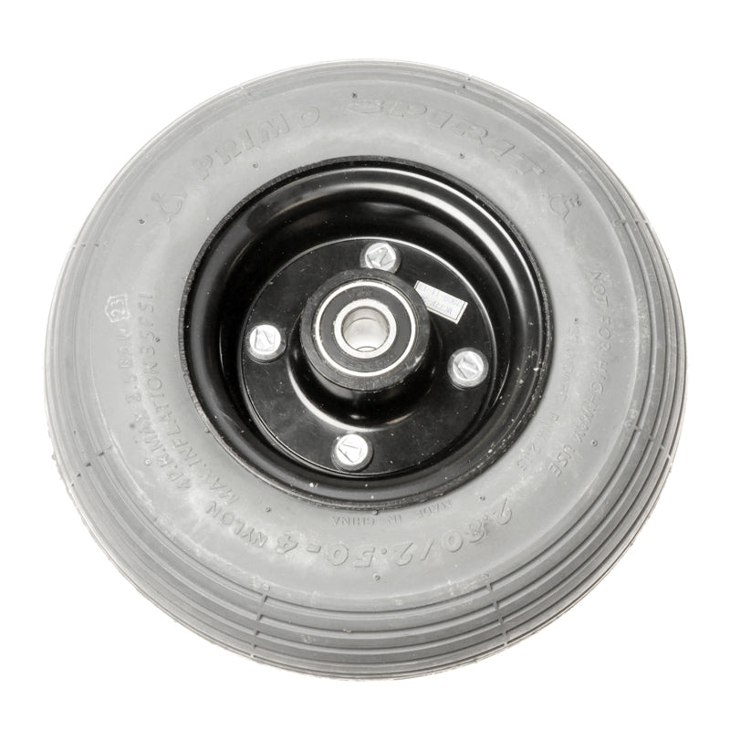 2.80/2.50-4 Flat Free Front Wheel Assembly for the Pride Revo (SC64), featuring a close-up of the black tire and silver rim, designed specifically for the 4-wheel SC64 mobility scooter.