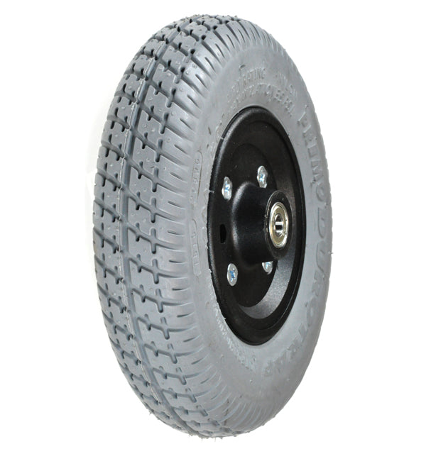 8x2 (200x50) Gray Flat-Free Front Wheel Assembly with Black Rim for Pride Dart, Dash, Revo, Sonic, and Star Mobility Scooters, featuring a knobby tread and including spacers, bearings, and hardware.