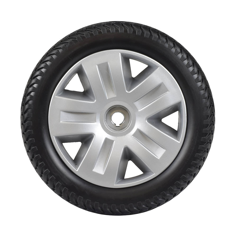 3.00-4 (10x3, 260x85) Flat-Free Rear Wheel Assembly for the Drive Ventura, featuring a silver rim and sturdy tread design, suitable for Ventura DLX and other Ventura mobility scooters.