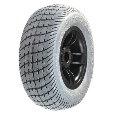 8x2.50 Gray Flat-Free Rear Wheel Assembly for Pride Dart (SC51), Sonic (SC50/SC52), and Star (SC45) Mobility Scooters, featuring a close-up of the gray knobby-tread tire and black rim.