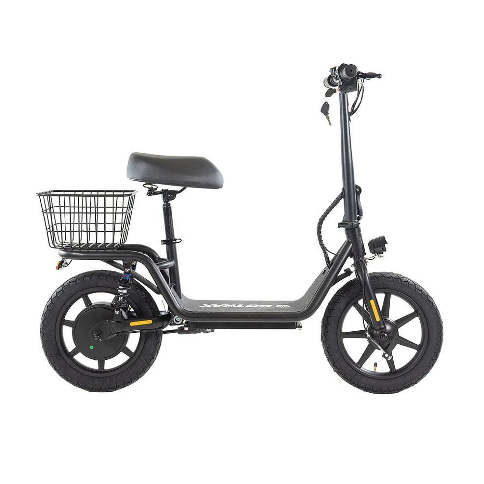 Rear Cargo Basket for the GOTRAX Flex Electric Scooter, featuring a black-coated steel basket mounted on the scooter's rear, providing additional storage and enhancing utility for efficient transport.