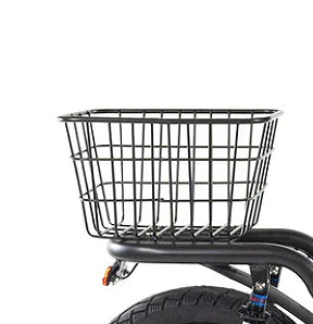 Close-up of the Rear Cargo Basket for the GOTRAX Flex Electric Scooter, featuring a black-coated steel frame and fixed rack design, mounted on a bicycle with a visible wheel and basket.