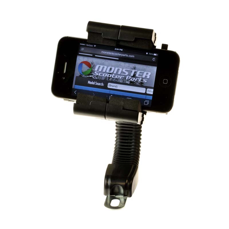 Flexible Gooseneck Smartphone Holder for Mobility Scooters, Power Chairs & Wheelchairs shown mounted on a handlebar, displaying a phone securely held by adjustable wings with a shockproof and slip-resistant design.