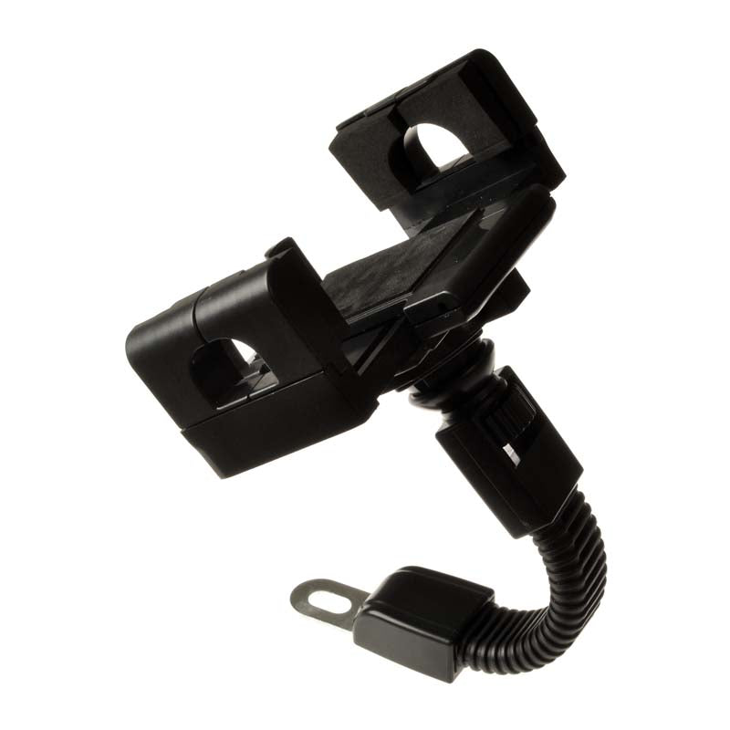 Flexible Gooseneck Smartphone Holder for Mobility Scooters, Power Chairs & Wheelchairs, featuring a black holder with a flexible arm, adjustable wings, and a secure mirror-mount attachment for various devices.