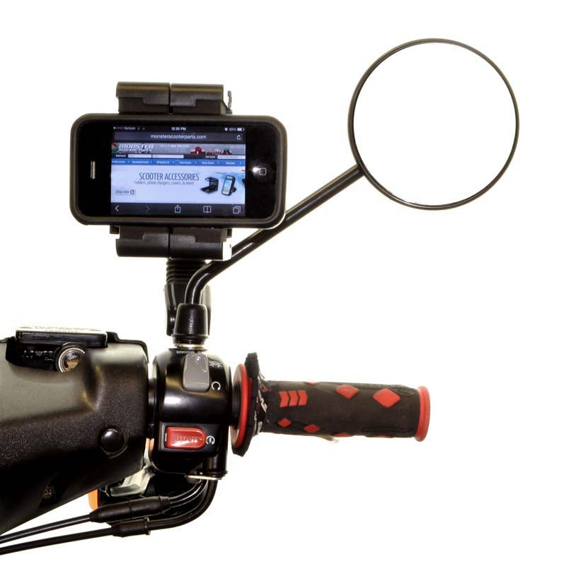 Flexible Gooseneck Smartphone Holder for Bikes & Scooters mounted on a motorcycle handlebar, displaying a mobile phone securely with adjustable wings and a protective foam pad.