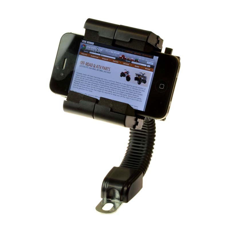 Flexible Gooseneck Smartphone Holder for Bikes & Scooters mounted on a handlebar, showcasing its adjustable wings, protective foam pad, and 360° rotational capability.