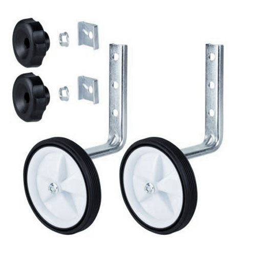 Flip-Up Training Wheels for 12 - 20 Bicycle Wheels, featuring black rubber tires and metal components, shown in various close-up views highlighting the easy installation and foldable design without tools.