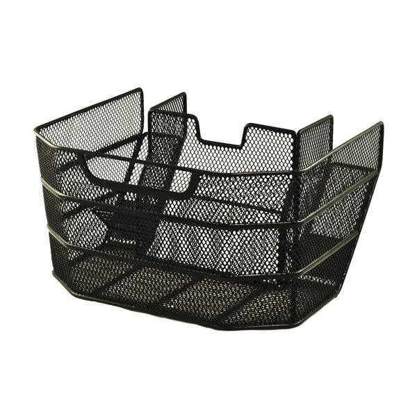 Black mesh floorboard basket for the Golden Technologies Liteway (GL100) mobility scooter, designed to fit under the seat in front of the seat post, providing convenient storage for take-along items.