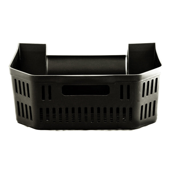 A black plastic basket with holes and a lid, designed as the Floor Basket for the Golden Technologies LiteRider (GL110/GL140) mobility scooter, fitting under the seat for convenient storage.