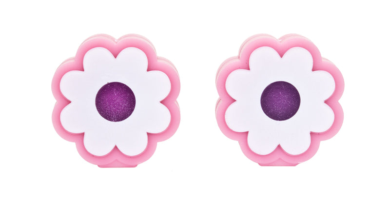 Flower Power Valve Cap Set featuring a pair of intricately designed valve caps shaped like pink and white flowers with purple centers, perfect for adding a fun touch to bikes or scooters.