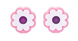 Flower Power Valve Cap Set featuring a pair of intricately designed valve caps shaped like pink and white flowers with purple centers, perfect for adding a fun touch to bikes or scooters.