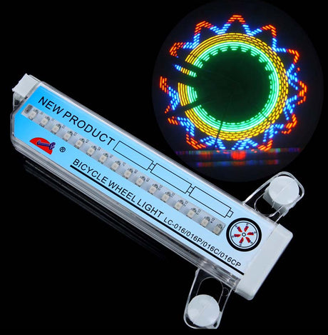 32 LED Flowering Bike Spoke Light displaying colorful, illuminated flower patterns on a bicycle wheel, fixed to the spokes with three bolts.