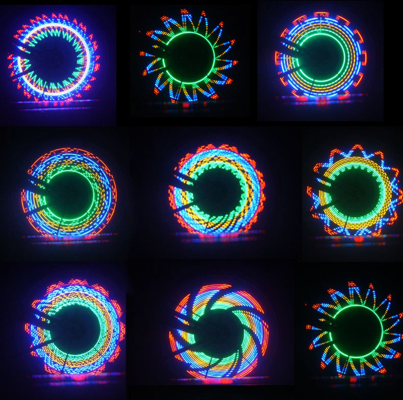 32 LED Flowering Bike Spoke Light featuring intricate, colorful circular light patterns, designed to attach to bike spokes, creating vibrant, symmetrical displays during motion.