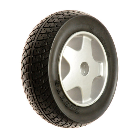 Foam Filled Drive Wheel Assembly for the Golden Alante DX (GP204/GP215), featuring a 9-1/2 black tire with a metallic finish rim, designed for power chairs.