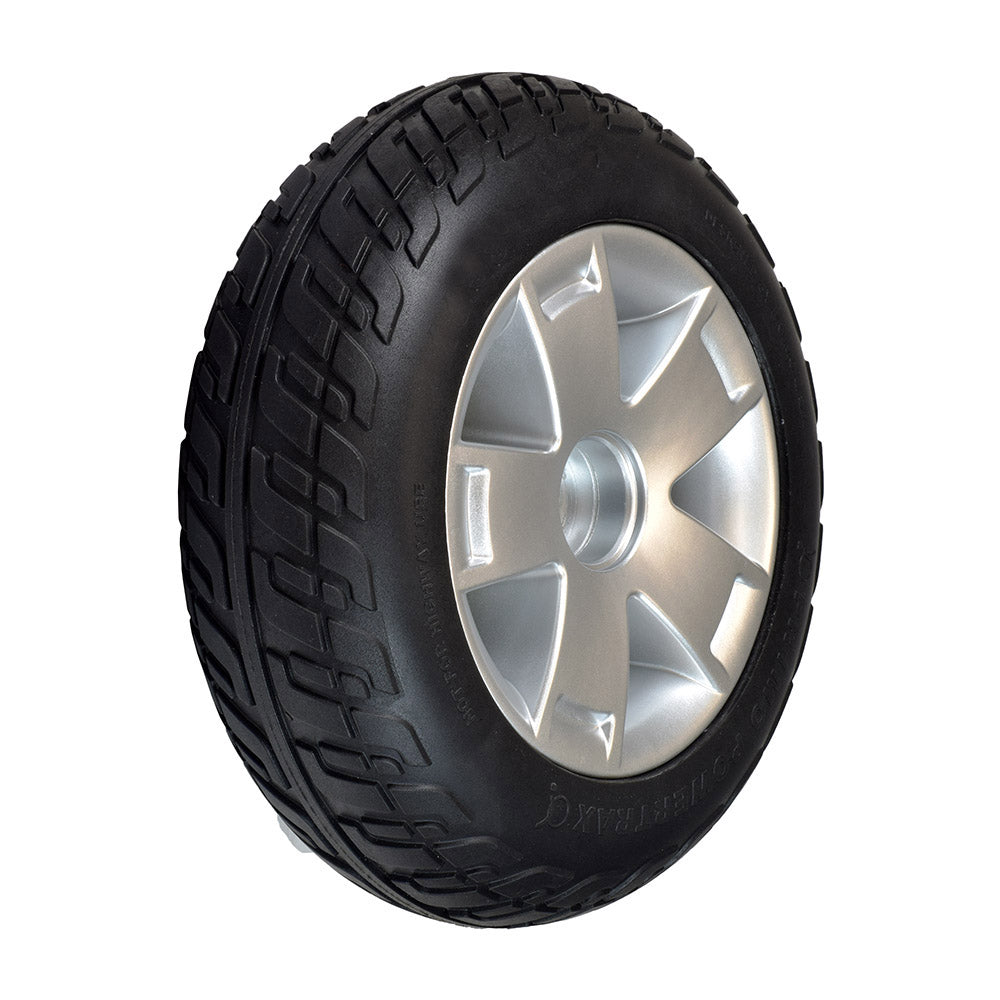 10.4x3.6 Foam Filled Front Wheel Assembly with Black Tire for the 4-Wheel Pride Celebrity X (SC4401) & Mega Motion Endeavor X (MM4401DX), featuring a close-up of a black tire with a silver rim.