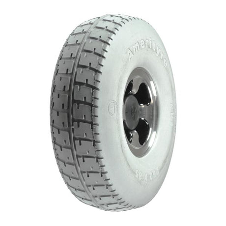 Foam-filled 10.5 tire with a silver rim, specifically the 3.00-4 (10x3, 260x85) Rear Wheel Assembly for Amigo eXcite, EXT350, HD450, MC, and RD models.