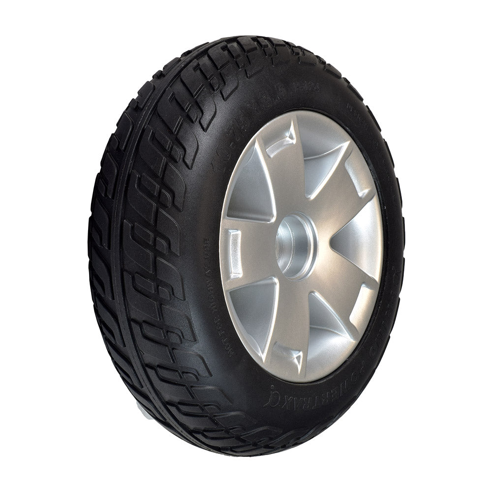 10.75x3.6 Foam Filled Rear Wheel Assembly with Black Tire for the Pride Celebrity X & Mega Motion Endeavor X, featuring a black tire and silver rim, ideal for mobility scooters.