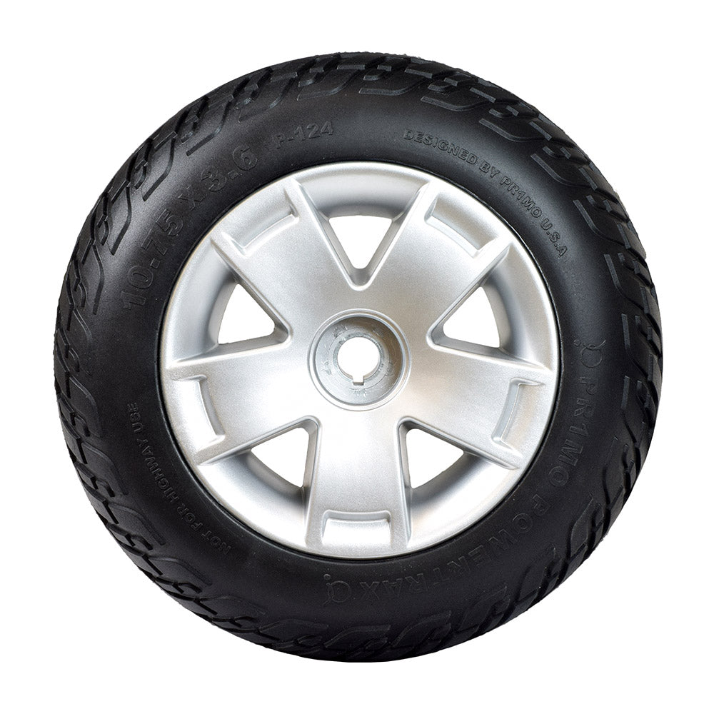 10.75x3.6 Foam Filled Rear Wheel Assembly with Black Tire for the Pride Celebrity X & Mega Motion Endeavor X, featuring a silver rim, designed for rear use on mobility scooters.