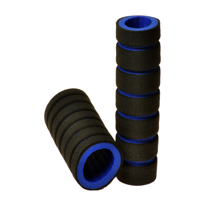 Foam Bike & Scooter Handlebar Grip Set: A stack of cylindrical, foam handlebar grips with visible black and blue bands, designed to provide cushioning for hands during rides.