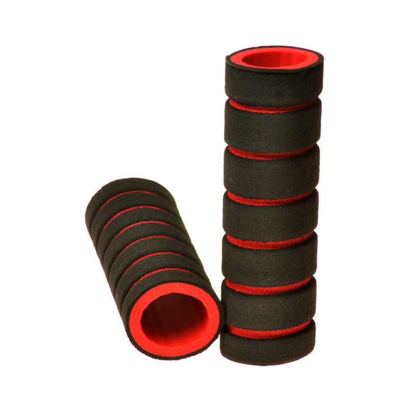 Foam Bike & Scooter Handlebar Grip Set: Stack of black and red cylindrical foam grips designed for handlebars, providing a soft, spongy feel for comfortable rides.