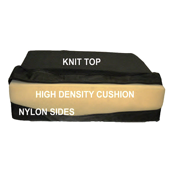 High Density Foam Seat Cushion for Mobility Scooters and Power Chairs (18 Wide) featuring easy-to-clean black knit fabric cover with durable nylon sides, designed to fit scooter, power chair, or wheelchair seats.