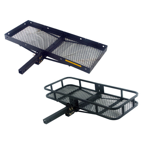 48 x 20 Folding Steel Cargo Carrier with black metal mesh bottom, strong support rails, and fold-up feature, designed for hitch receivers, capable of hauling up to 500 lbs.