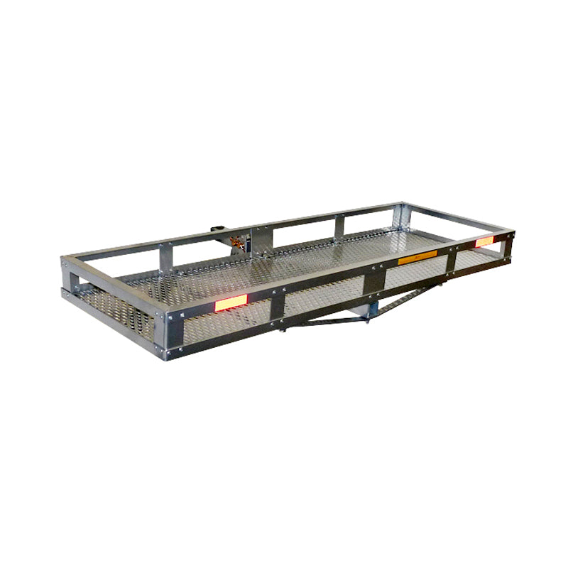 60” x 20” x 5-1/2 Folding Aluminum Cargo Carrier featuring a durable metal structure with reflective decals and a strong mesh bottom, mounted on a trailer with visible lights.