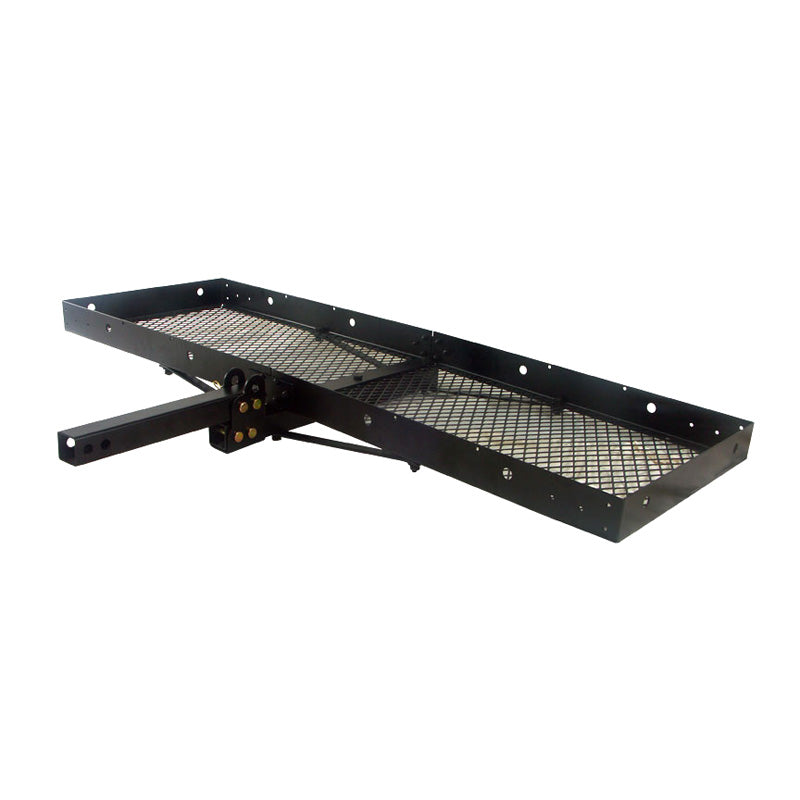 60 x 20 Folding Steel Cargo Carrier with black metal construction, designed for 500 lbs. capacity, featuring a fold-up configuration and reinforced support rails.